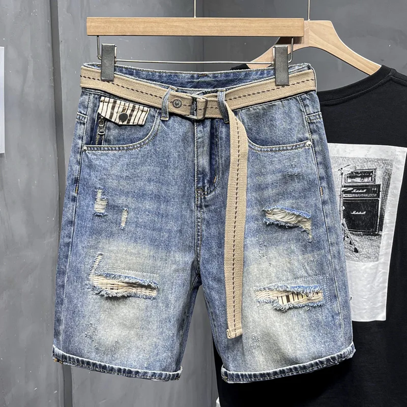Ripped Shorts Men's High-End Summer Menswear Trendy All-Match Casual Cool Pu Shuai Korean Style Washed Denim Shorts
