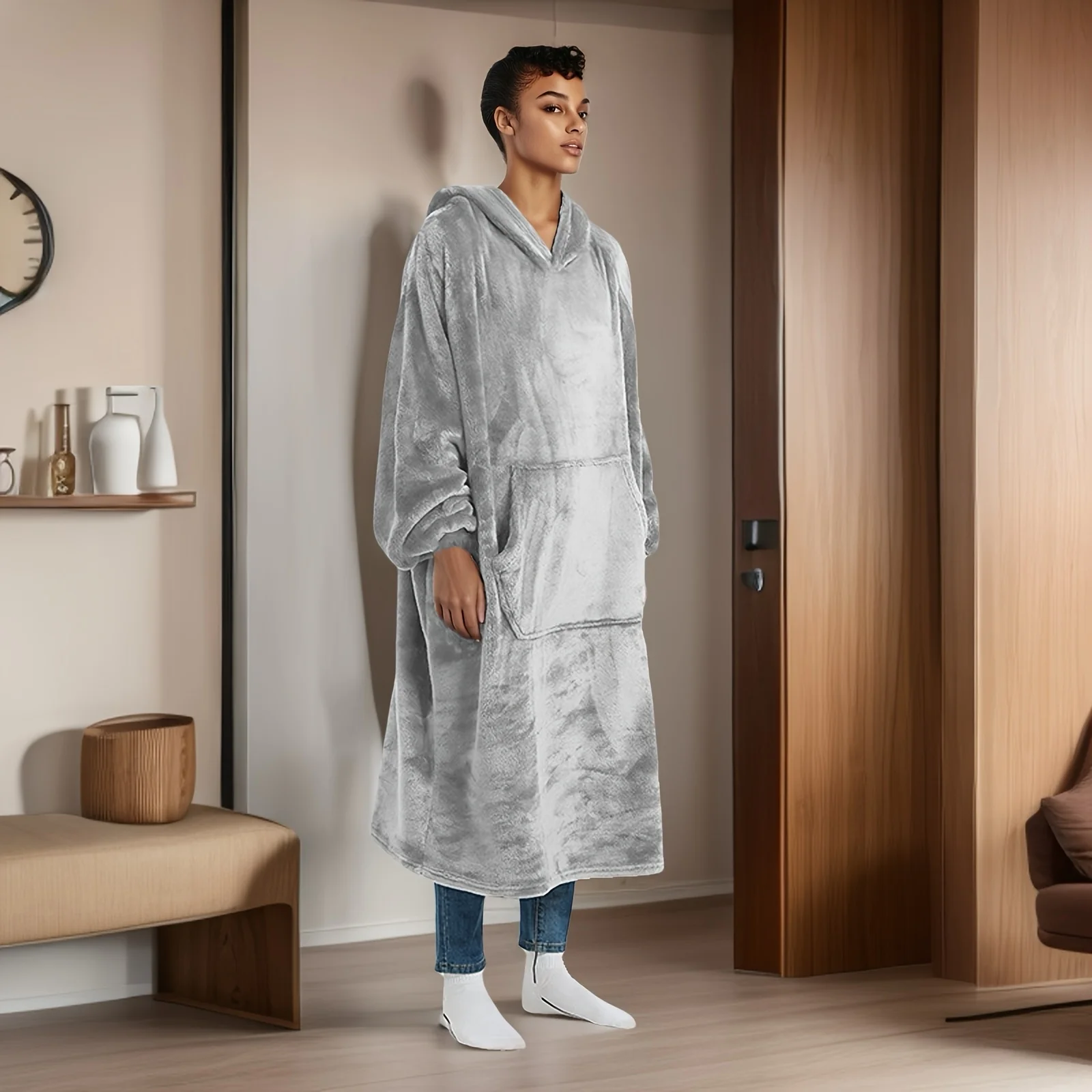 Cozy Oversized Hooded Blanket with Extra Large Pockets - Super Soft Double-Sided Flannel, Machine Washable Wearable Blanket