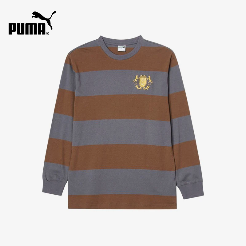 Puma genuine pullover round neck long sleeved men's and women's brown gray striped casual hoodie 630916-69