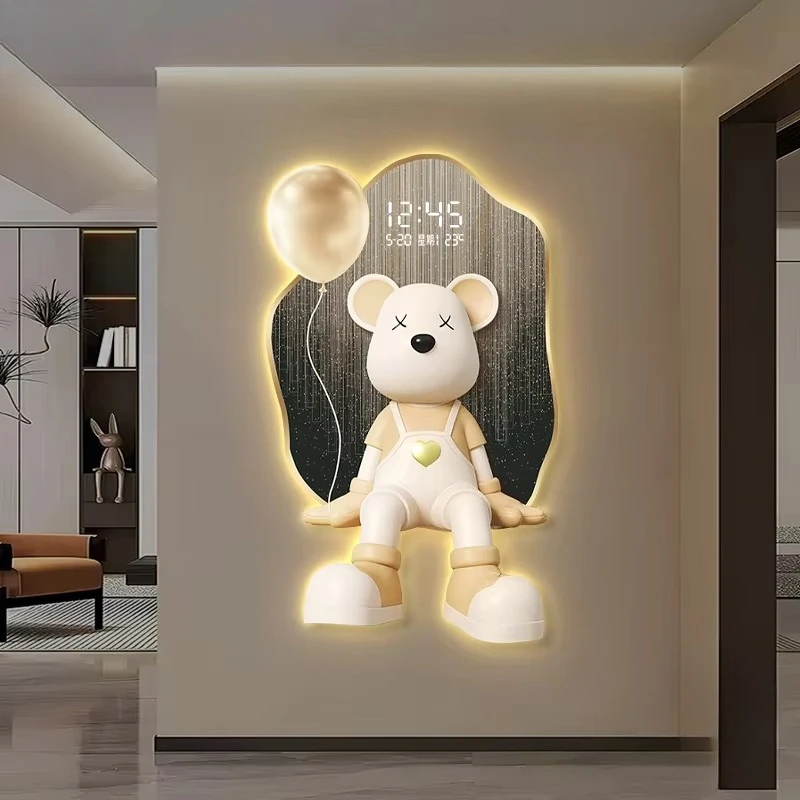 Cream style Art LED Wall Clocks Cartoon Bear Carving Decoration Painting Electron Clock Corridor Mural Lamp Watch Home Decor