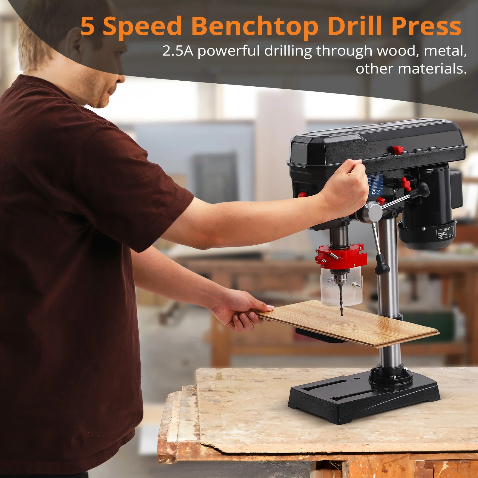 Benchtop Drill Press, 8 Inch 2.5Amp Bench Drill Press, 5Speed Variable, 0-45° Tiltling Worktable Bench Drilling Machine for Wood