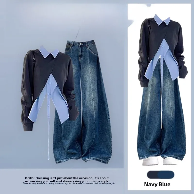 

Ele Spring 2026 Women's Denim irt And Pants Set Two-Piece Suit Korean Sle Slimming Effect Long Sve Casual Faion