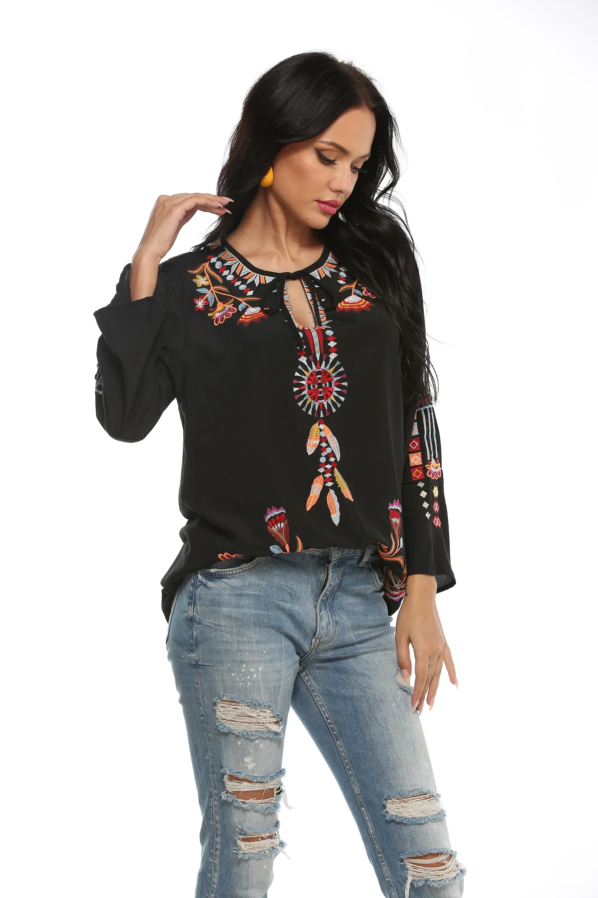 Eaeovni Embroidery Blouses Shirt Women Cotton Boho Mexican Shirt Long Sleeve Shirt Shirts  Summer Plus Size  Shirts For Women