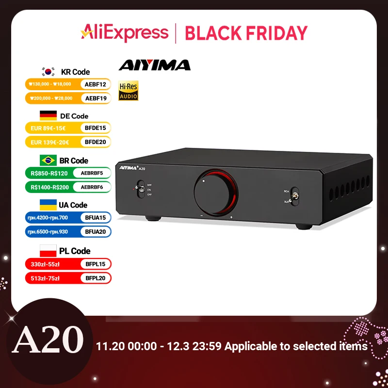 AIYIMA A20 PFFB مضخم طاقة ستيريو TPA3255 HiFi 2.0 Audio Amp 300Wx2 مع XLR/RCA مدخل متوازن بالكامل HPF مرشح تمرير عالي