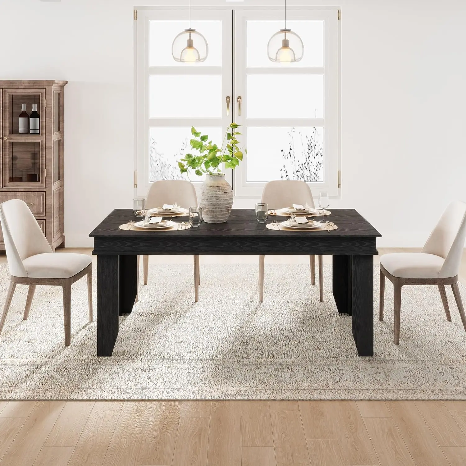Farmhouse Dining Table 6-8 People, 71in Wooden Frame Rectangular Table for Dining Room & Kitchen, Black 63