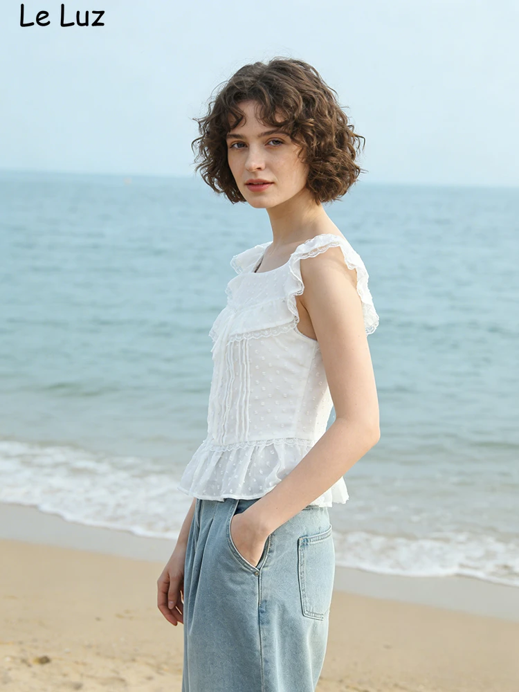 플로럴 시크 크롭 레이스 블라우스 셔츠 여성용 화이트 여름 봄 민소매 타이업 브이넥 섹시 캐주얼 휴가용 여성 셔츠 탑