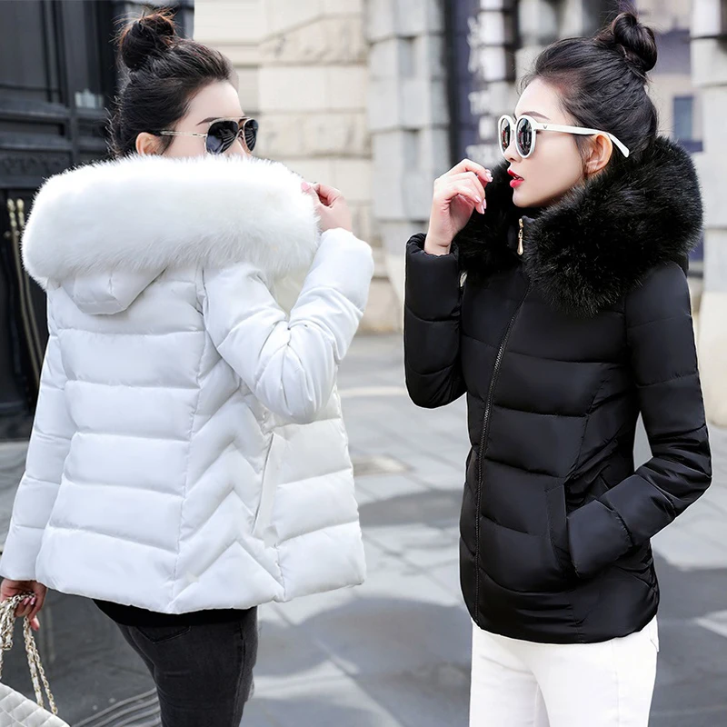 Fashion White black Winter Jacket Women Big Fur Hooded Thick Down Parkas Female Jacket Coat Slim Warm Winter Outwear 2023 New