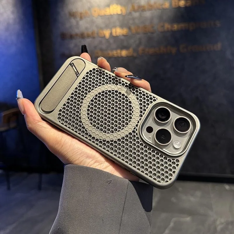 For IPhone 16plus 16pro max Hollowed-out Honeycomb Cooling Mobile Phone Case Magnetic Folding Bracket Protective Cover