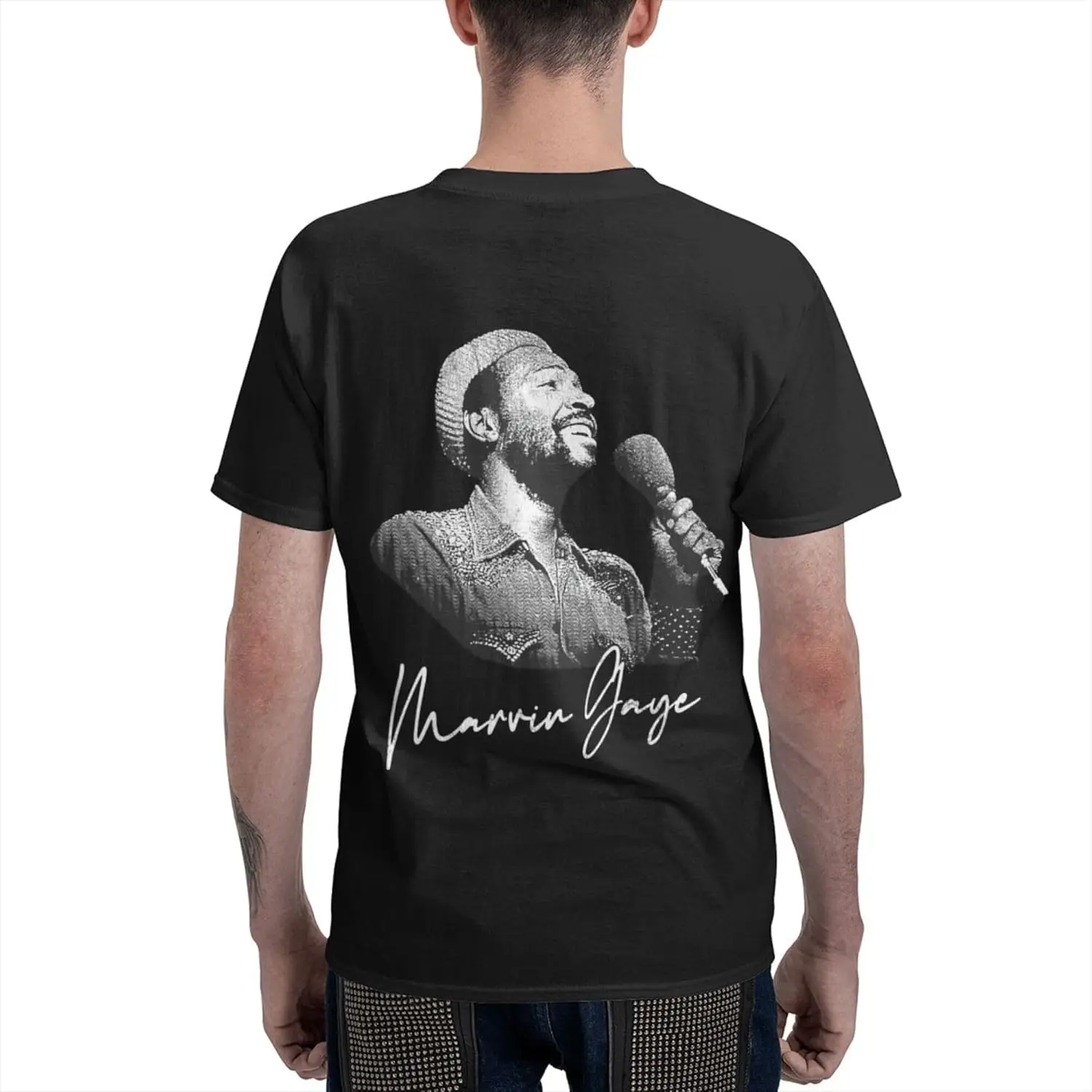 Marvin Music Gaye Men's Short Sleeve T-Shirt Double Sided Printing Casual Crew Neck Tops Black