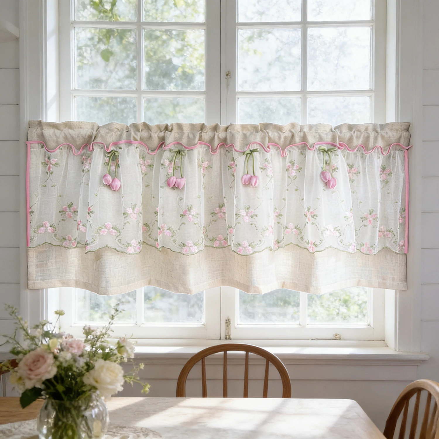 

French Country Tulip Floral Short Valance Curtain, Faux Linen Double Layer Light Filtering Curtain for Kitchen Window, Doorway