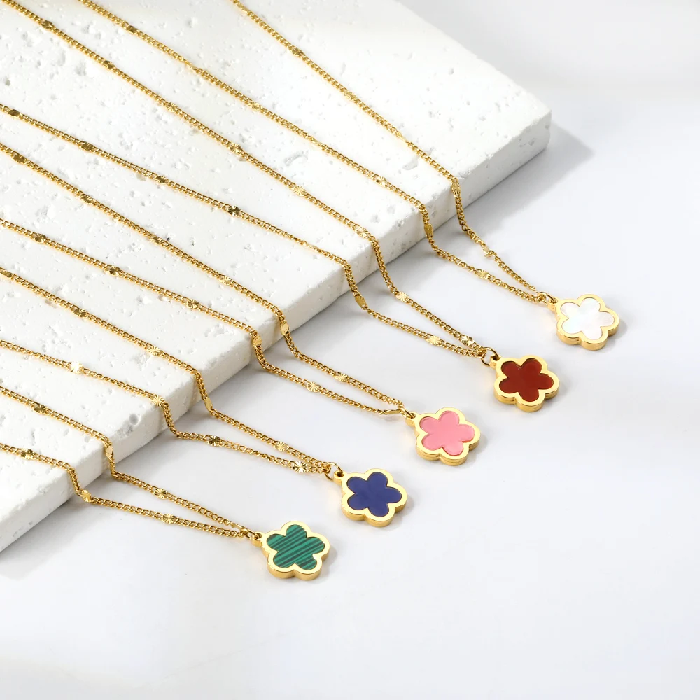 ASONSTEEL Colorful Shell Five-Leaf Clover Flower Pendant Necklace 316L Stainless Steel For Women Chic Chain Waterproof Jewelry