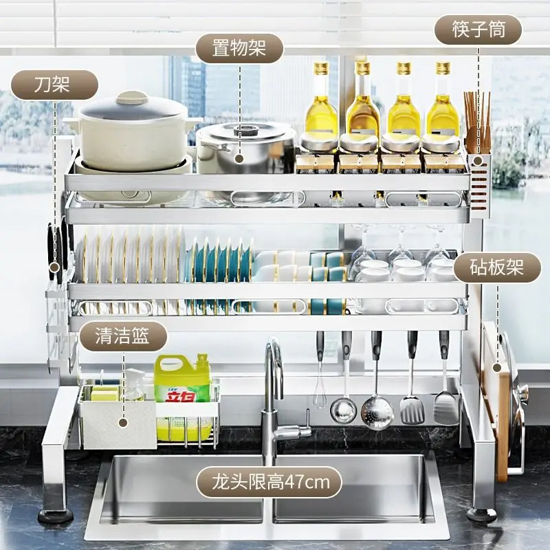 Stainless Steel Kitchen Sink Dish Drying Rack Single Or Double Tier Countertop Organizer Drain Basket Hooks Utensil Holders In