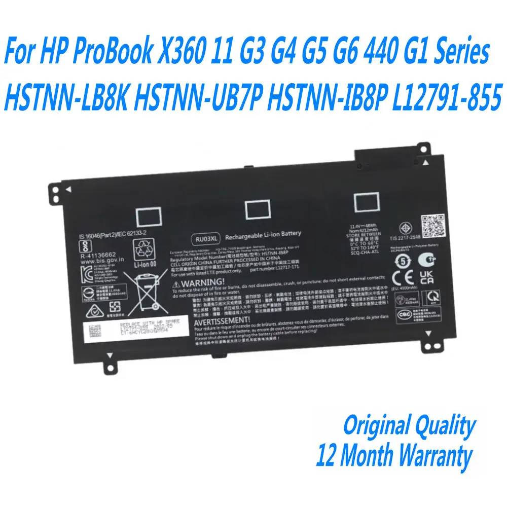 

NEW 48WH RU03XL Laptop Battery For HP ProBook X360 11 G3 G4 G5 G6 440 G1 Series HSTNN-LB8K HSTNN-UB7P HSTNN-IB8P L12791-855