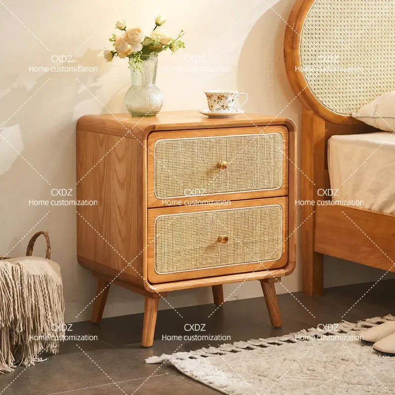 Nordic Wabi-Sabi Solid Wood Side Table Japanese Style Rattan Storage Cabinet Small Bedside Nightstand for Living Room Sofa