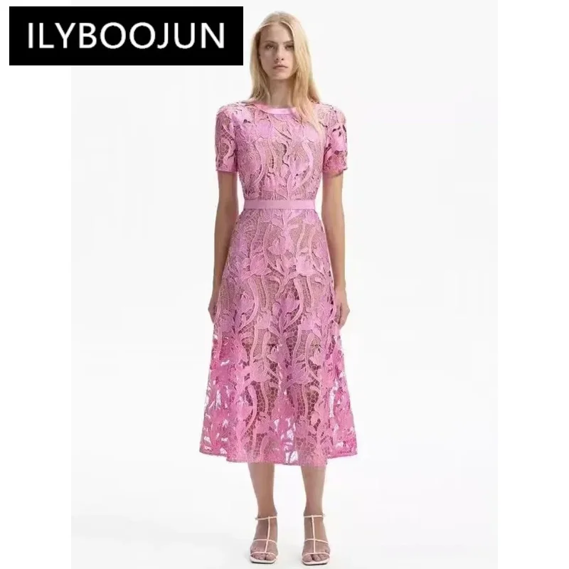 

ILYBOOJUN Summer New Style Runway Designer Dress Women's Round Neck Embossed hollow Flesh color in the lining Splice Dress