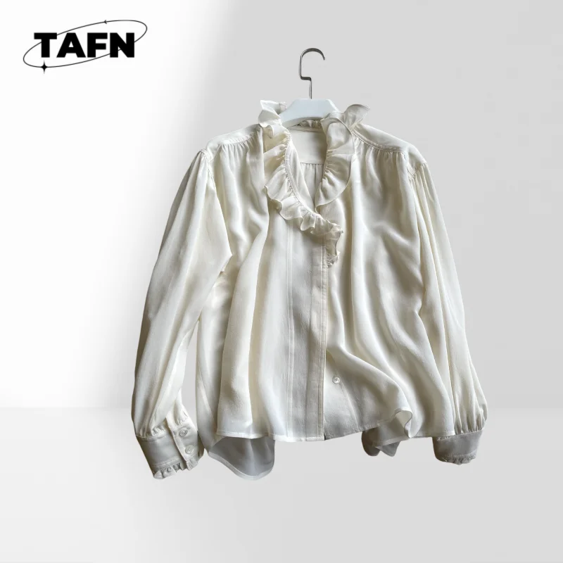 

Silk Ruffled Collar Shirt Women's Loose Long Shirt Dress Oversized Casual Blouse Sleeve Cotton Casual Blouse AH0193