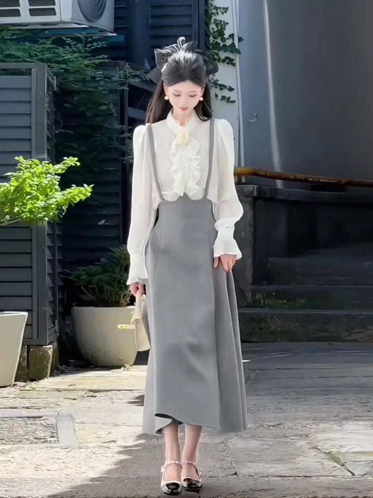 New French Autumn High End Women's Matching Set Ruffles Long Sleeve Shirt + Fashion Midi Suspender Skirt Elegant Two Piece Set
