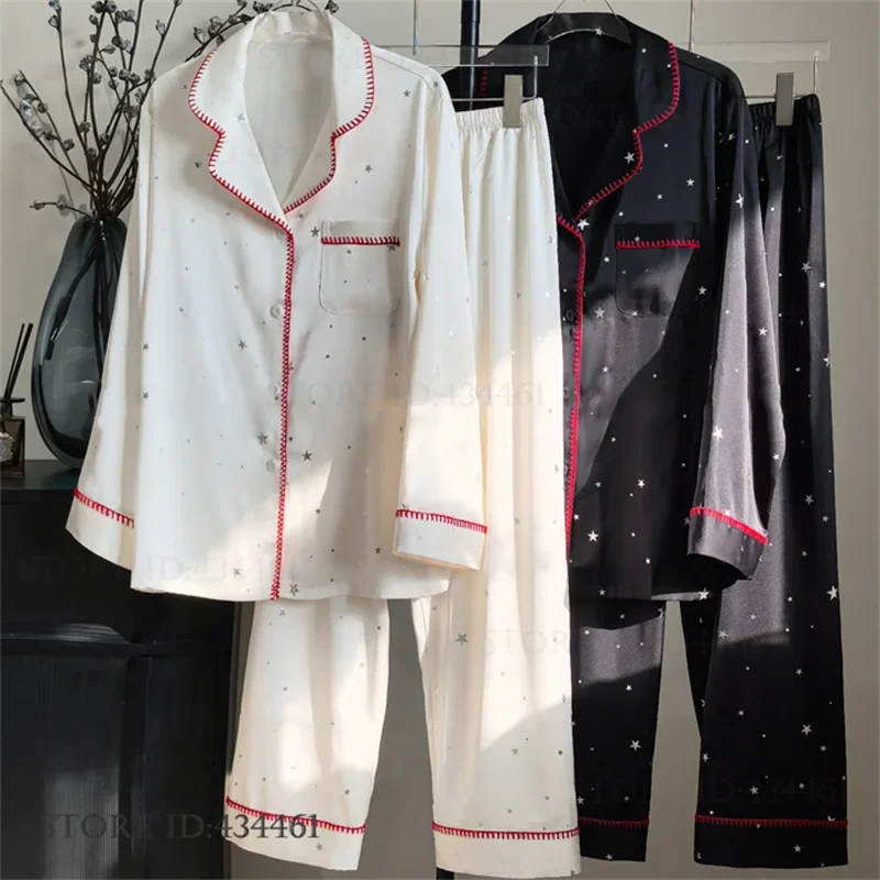 New Women's 2Pcs Pajamas Set Home Clothes Sexy Sequin Long Sleeve Pijamas Suit Sleepwear Loose Black Satin Pyjamas Homewear