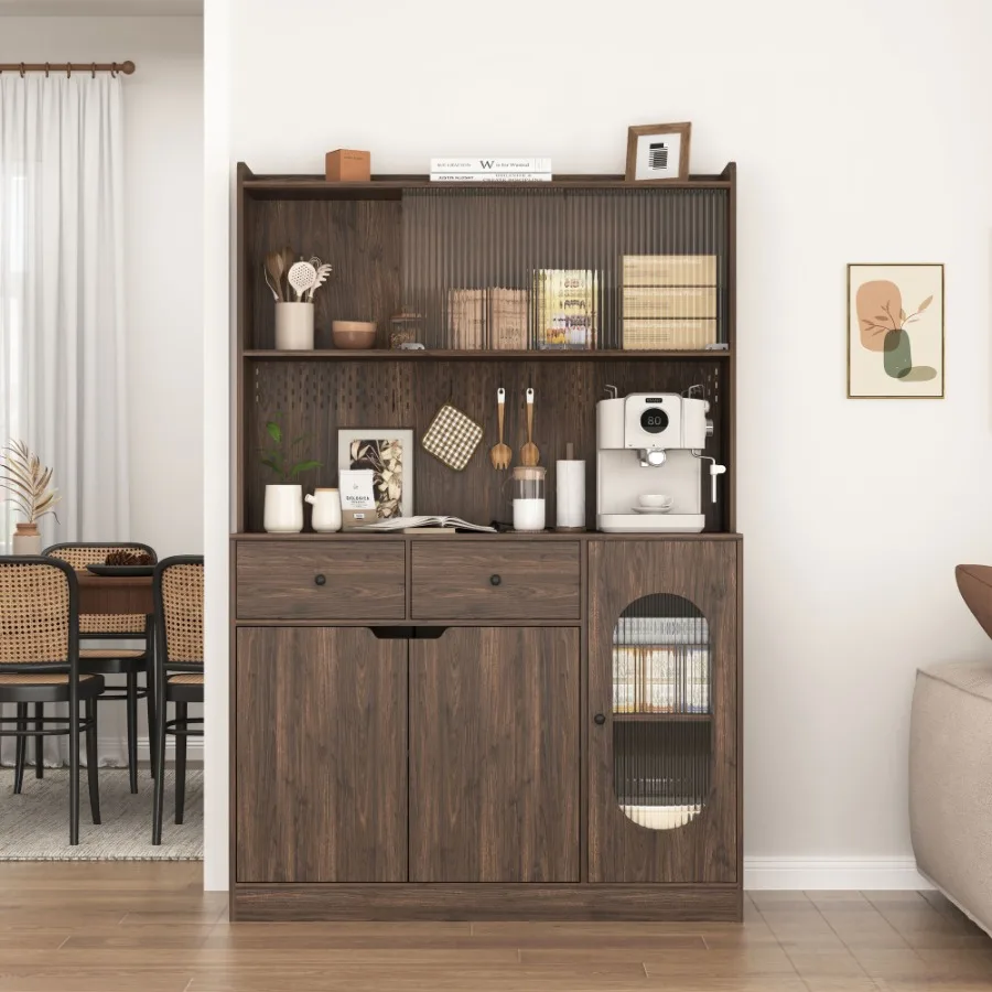 

71Tall Kitchen Pantry Storage Cabinet Large Capacity Display Cabinet with Reeded Glass Doors and Microwave Stand Bakers Racks w