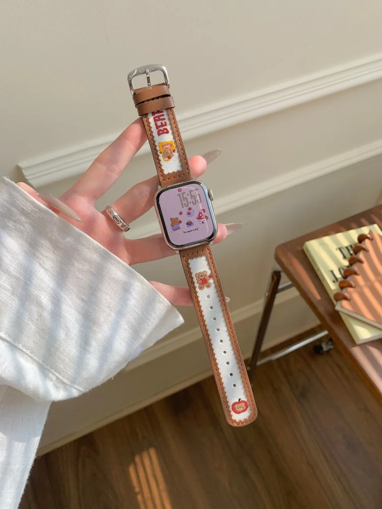 لطيف الدب حلقة من جلد ل iWatch الترا 11 10 9 8 7 6 5 Se امرأة سوار للساعة أبل 40 مللي متر 41 42 مللي متر 44 مللي متر 45 مللي متر 46 مللي متر 49 مللي متر