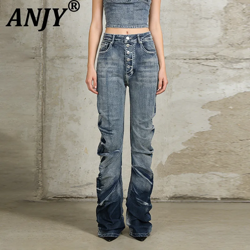 

ANJY Spring Autumn New Women Design Gradient Color Stylish Pleated Slim Fit Jeans Trendy Vintage High Street Denim Pants A20659
