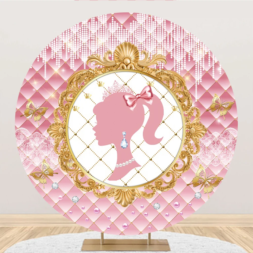 공주 소녀 생일 원형 배경 커버, 핑크 성 꽃 나비 베이비 샤워 원형 배경, 사진 소품