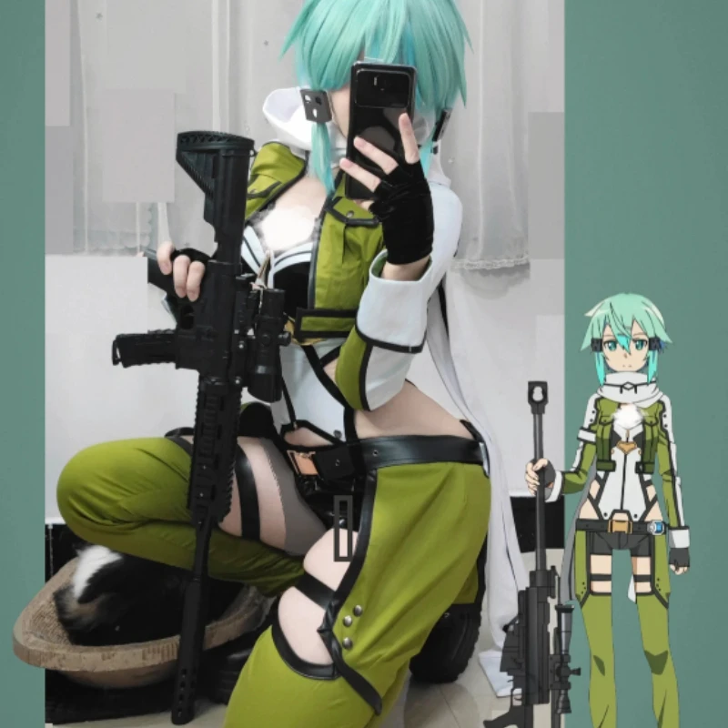 SAO Sword Art Online GGO Sinon Cosplay Costume Black Hooded Jacket Utility Belt Knee Pads Pouch Set For Women Halloween Party view 2