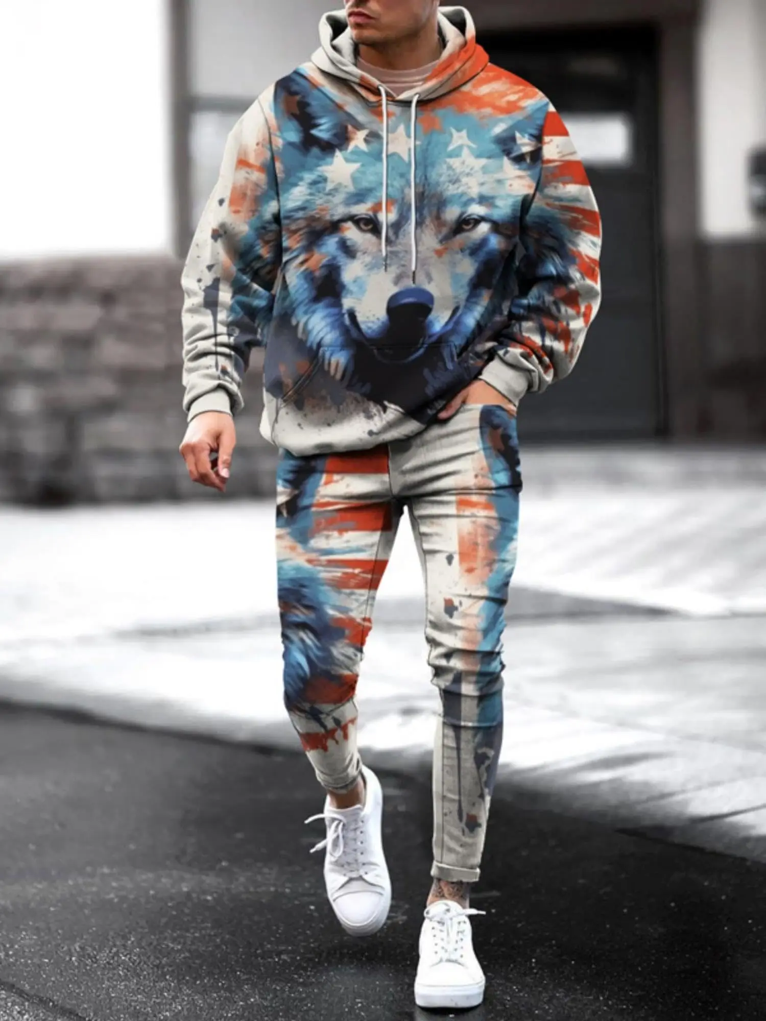 Men\'s 3D Printed Flag Animal Hoodie Set Adult Two piece Sportswear Sweatshirt Casual Street Sweatpants Suit Men Women Universal