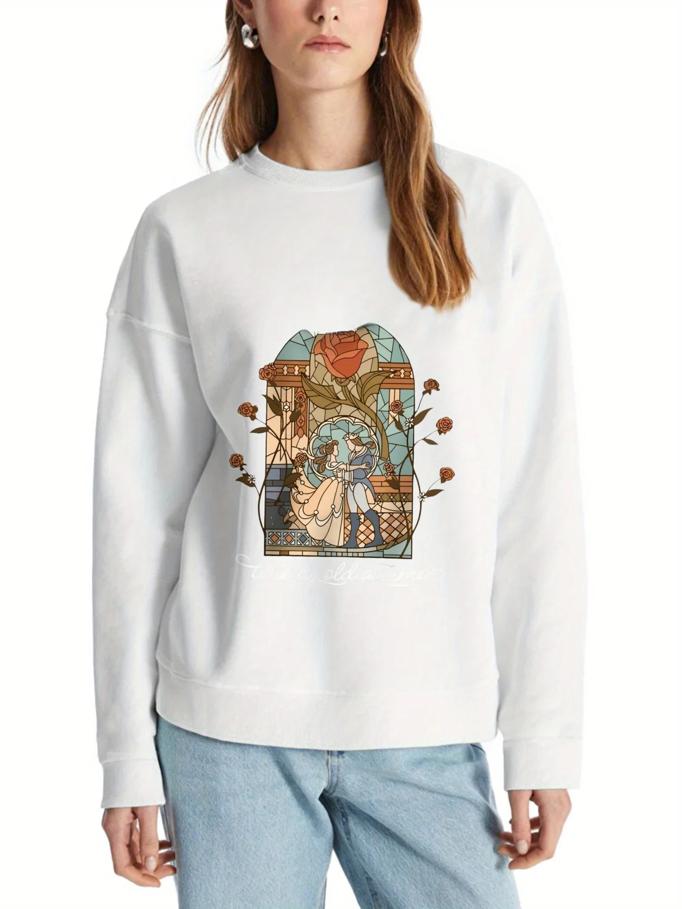 Moletom feminino com capuz Beauty & Beast Belle Castle & Belle vitral mistura de poliéster macio design de personagens Belle & Beast