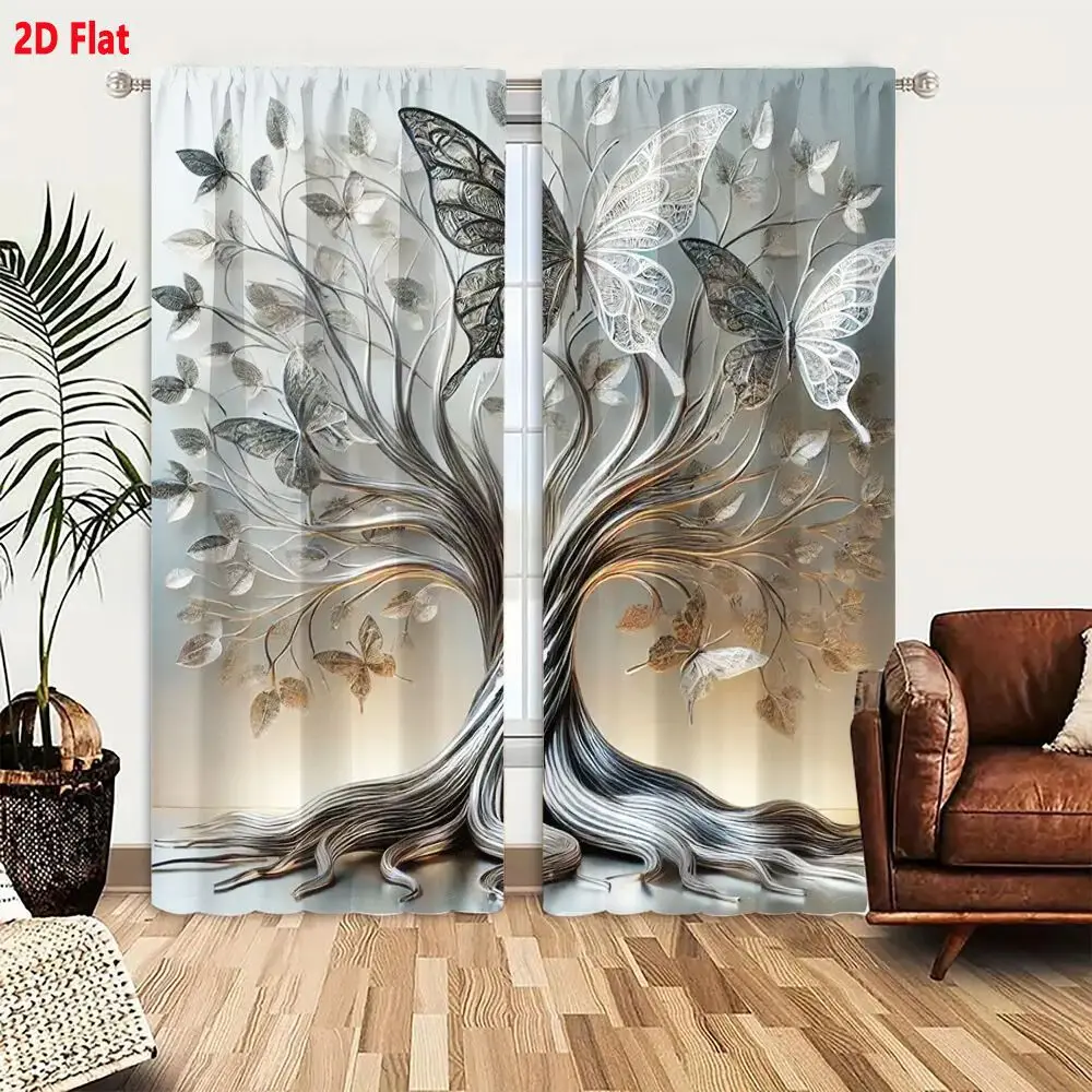 2Pcs Curtains 2D Flat Artistic Tree Sculpture with Twisted Trunk Delicate Leaves and Butterfly Figures in Metallic Sheen Silver
