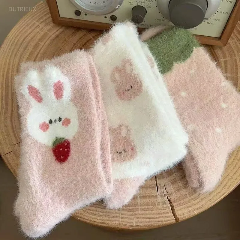 Japanese Pink Cartoon Rabbits Bowknot Imitation Mink Socks Sweet Plush Warm Home Sleeping Socks Ins Cute Furry Tube Socks Winter