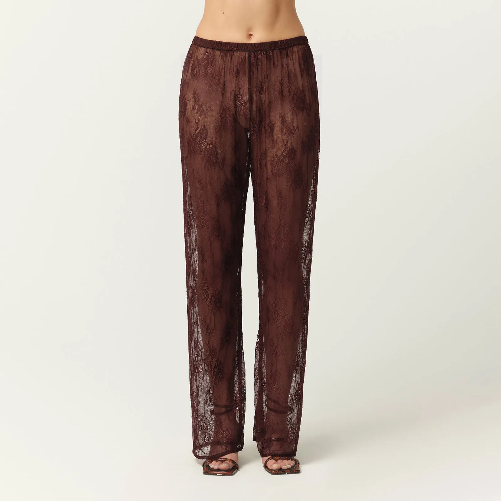 Summer Flower See Through Elastic Waist Straight Leg Long Trousers Women Lace Pants Casual Pants