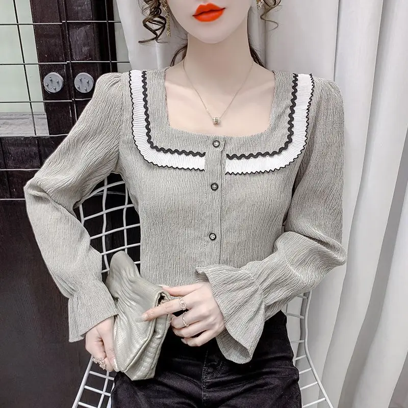 Spring Autumn New Square Collar Long Sleeve Shirt Women High Street Casual Loose Button Cardigan Elegant Edible Tree Fungus Tops