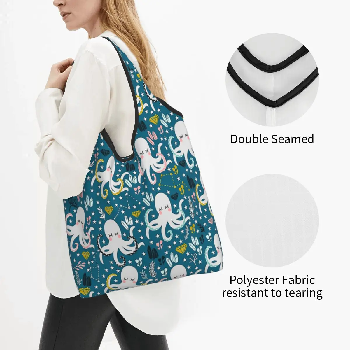 Cute Octopus Portable Tote Shopping Bags Foldable Shopper Bag Grocery Handbag Shoulder Bag