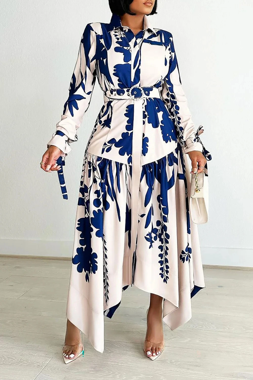 Plus Size Daily Maxi Dresses Elegant Blue Floral Fall Winter Shirt Collar Long Sleeve Asymmetric Hem Maxi Dresses