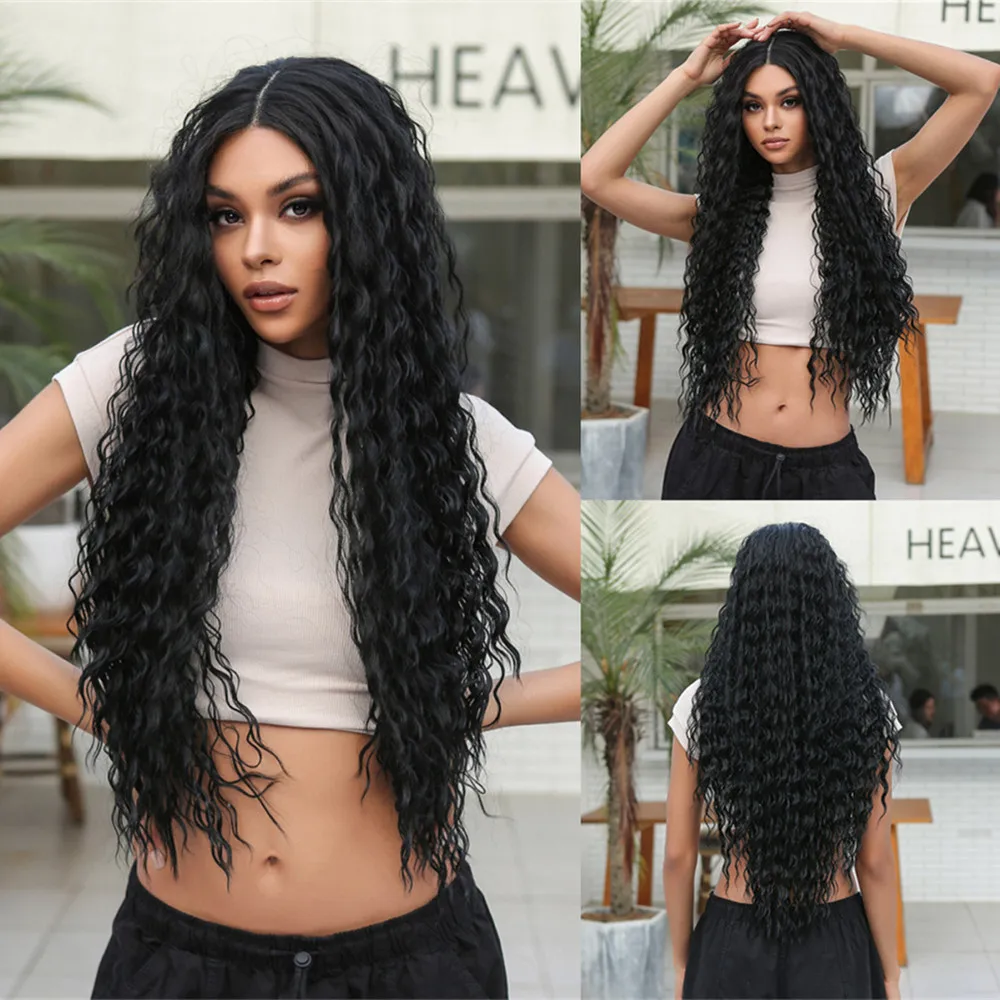 

Long Lace Front Curly Black Synthetic Wigs Natural Hairline for Black Women Daily Date Party Use Fake Hair High Temperture Fiber