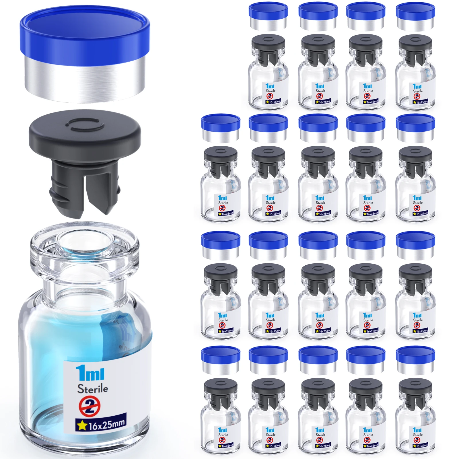 Sterile Glass Vials With Separate Rubber Stopper and Cap Need to Crimped With Pliers Individually Packaged 20pcs