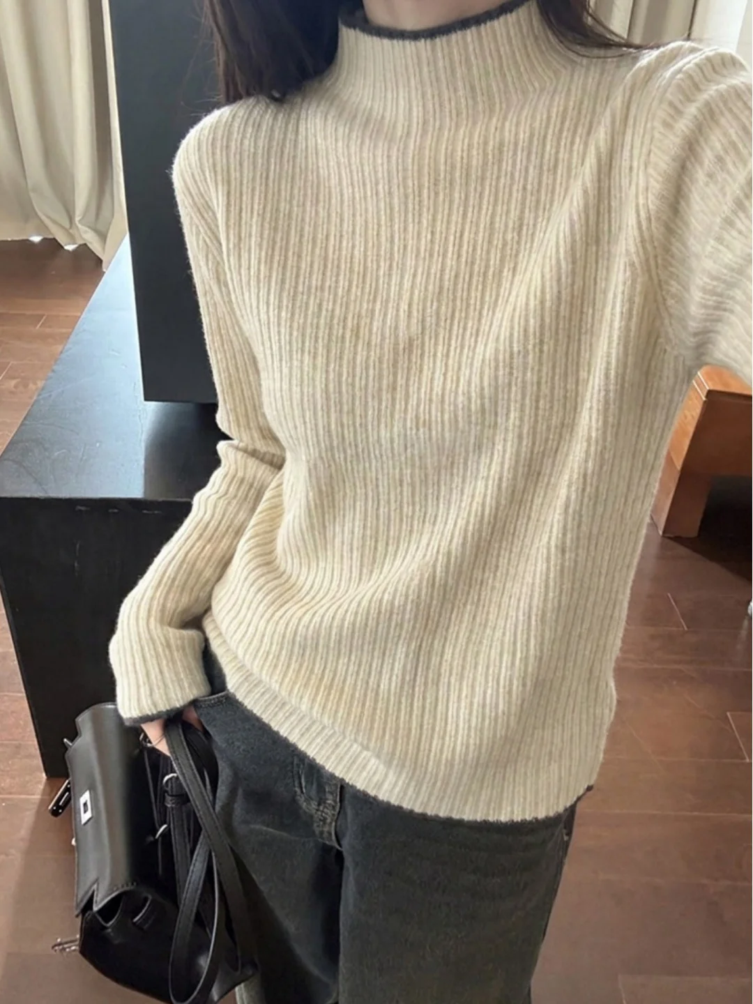 Korean Style Half High Neck Knitted Sweater Women's Inner Color Block Design Slimming Base Layer Shirt Casual Comfortable