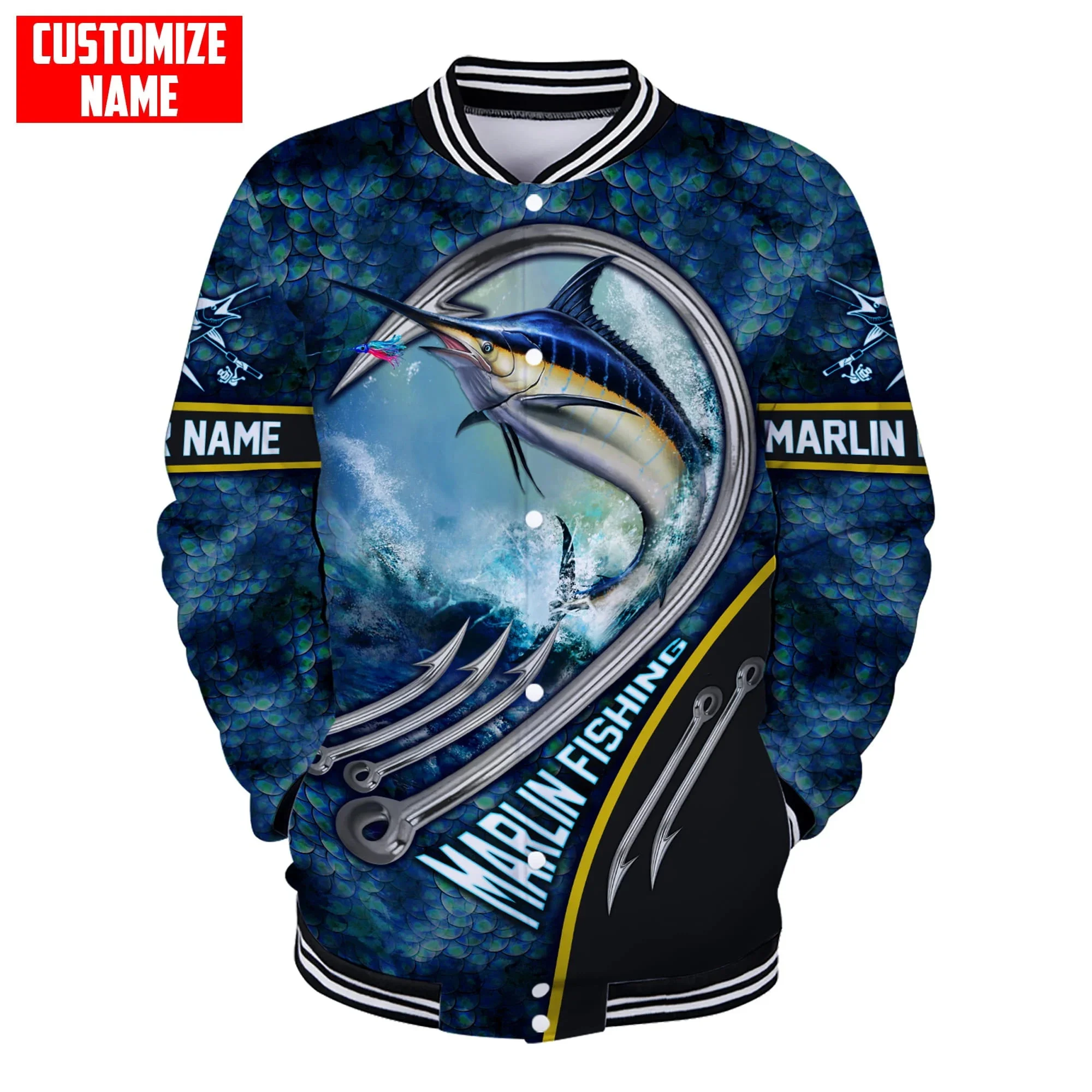 Blue Marlin Fishing Custom Name 3D Printed Fashion Men's Bomber Full-Snap Jacket Unisex Casual Winter Warm Baseball Jacket FX20