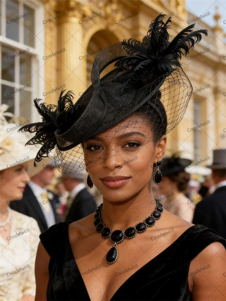 Black Feather Fascinator Hat Veils Mesh Headpiece Royal Ascot Event Bridal Hair Accessory Race Party Kentucky Derby Pillbox Hat