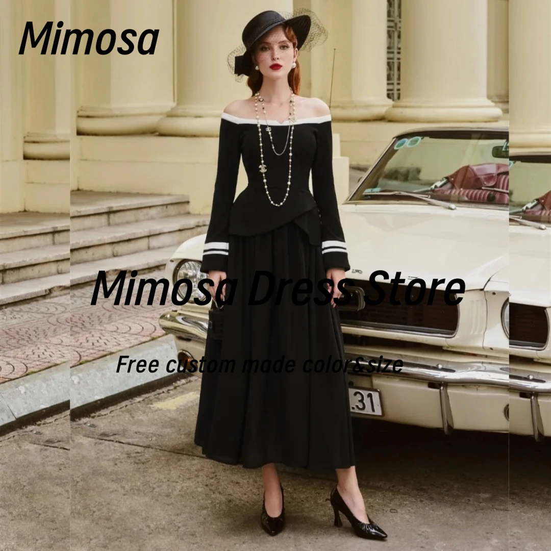 

Mimosa Ankle Length Black Prom Dresses Boat Neck Contrast Color Long Sleeves Evening Gowns Zipper Back Party Dress Customized