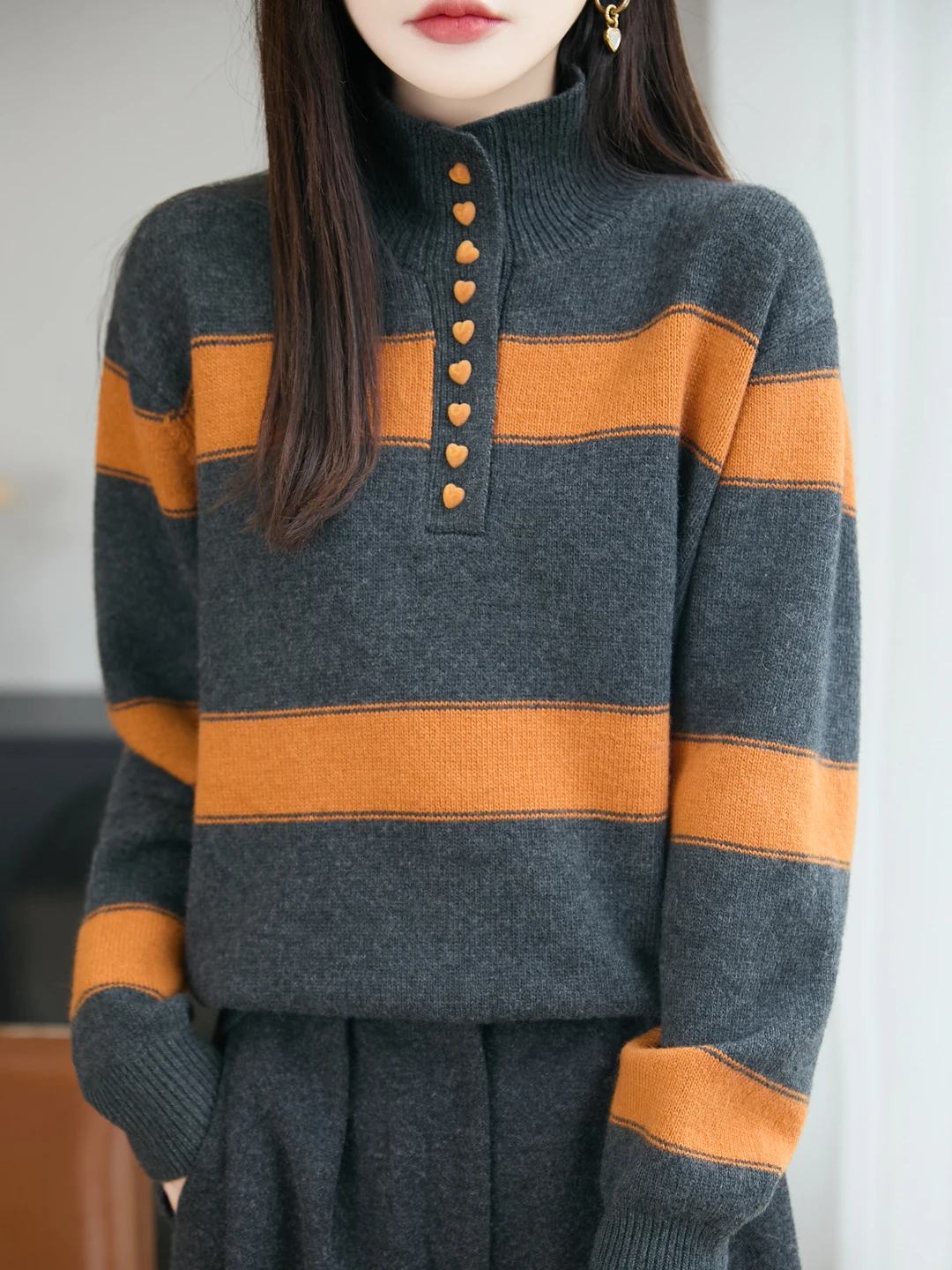 

Women's Thiened f High Collar Knitted Sweater Autumn Winter Warm Base Layer irt Button Plaet Striped Color Blo