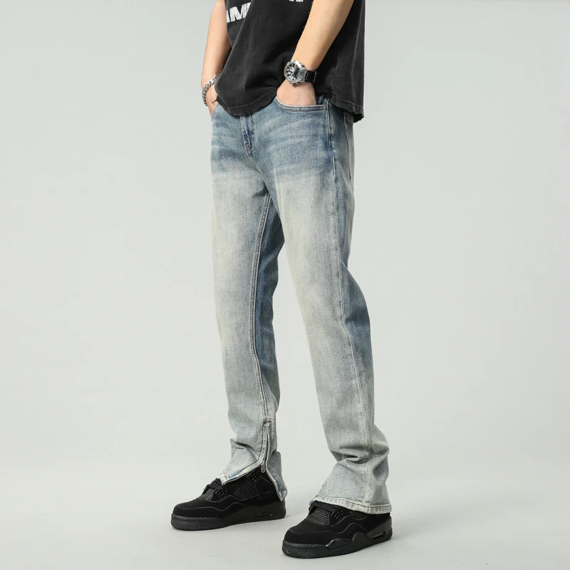 New Men's American Streetwear Fashion High Street Hip Hop Jeans Pants Trousers Micro Elasticity Denim Zipper Split Fork Jeans