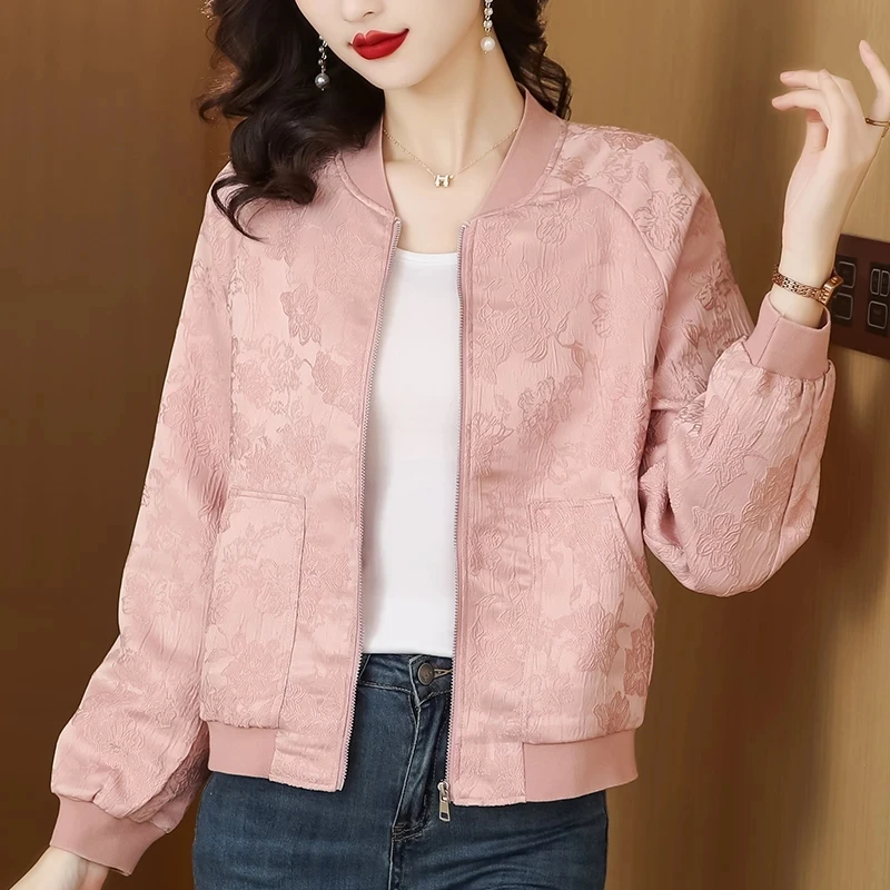 

Spring Autumn Female New Long Sleeves Jacket Korean Lady Jacquard Baseball Outwear Women Fashion Round Neck Short Coat