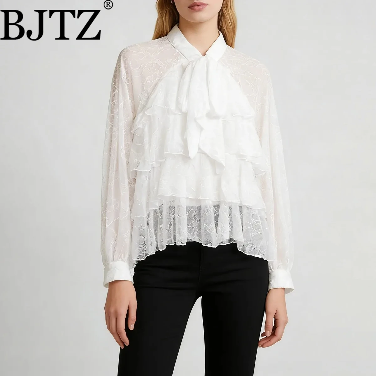 

Новая элегантная шикарная блузка BJTZ 2026 весна-осень для женщин, однотонная, с лоскутным узором, оборками, шнуровкой, круглым вырезом и длинными рукавами