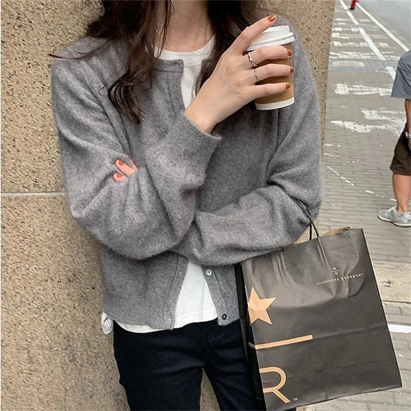 

Short Solid Sweater Women 2024 Autumn and Winter New Crewneck Knitted Long Sleeved Cardigan Loose Casual Lazy Coat Female LJ702