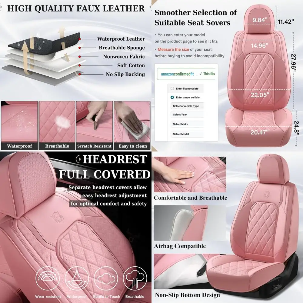 

Car Seat Covers Full Set, Pink Leather Seat Covers for Cars, Universal Waterproof Car Seat Cover, Luxury Front and Back Car Seat
