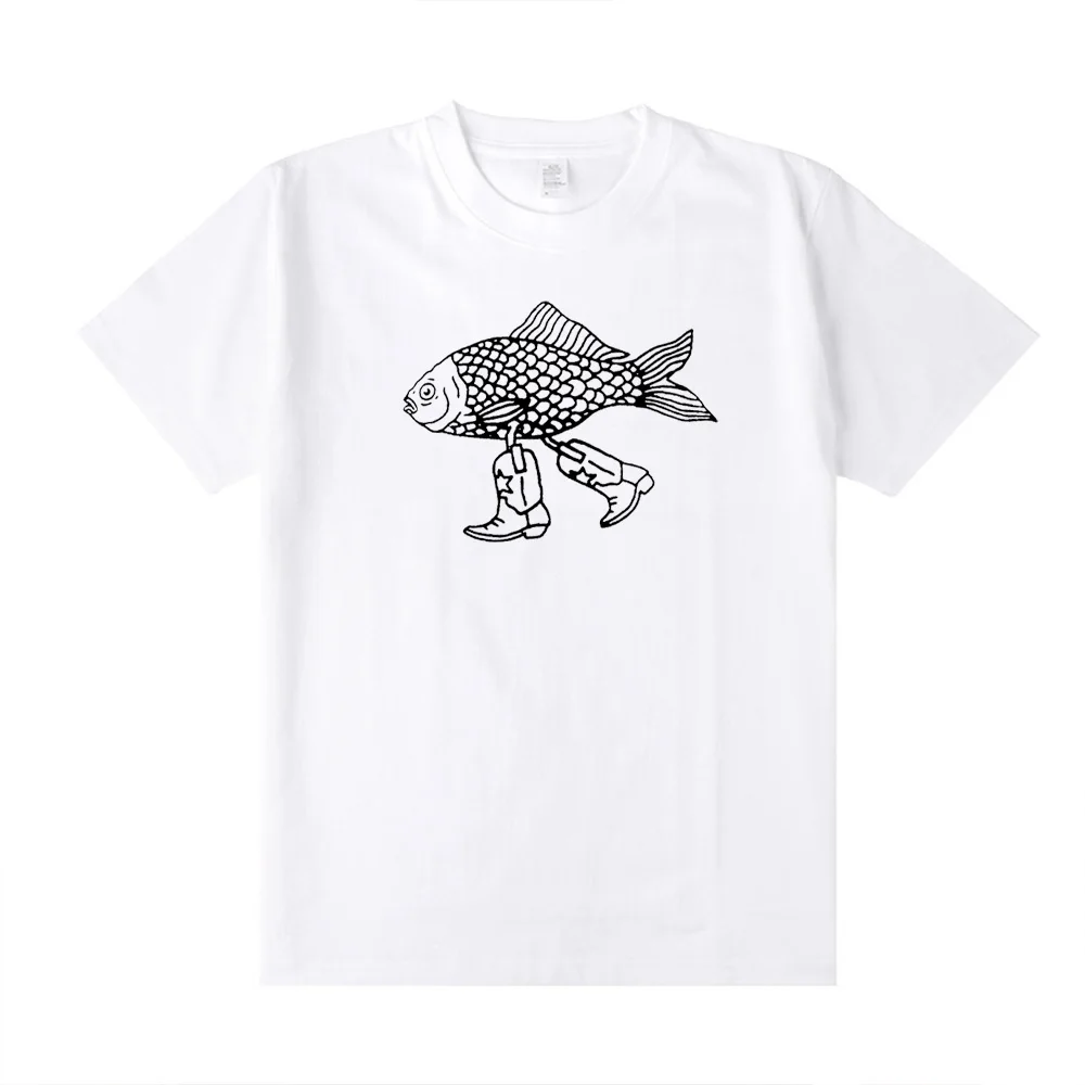 Walking Fish Printing Graphic Funny Tees Women Short Sleeve Loose Cotton Casual T Shirts White Summer Fashion Aesthetic Shirts