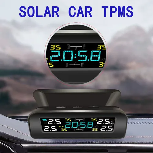 Imagen 2 del producto Sistema de supervisión de presión de neumáticos de coche, dispositivo TPMS con energía Solar, alarma, medidor de presión de aire, indicador de temperatura con 4 sensores