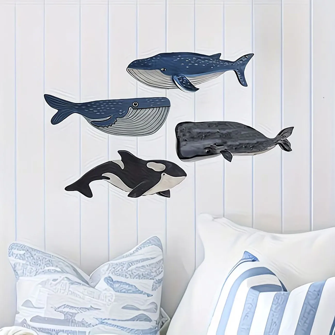 4Pcs Whale Wooden Wall Decor Set, Ocean Themed Killer & Blue Whale Wall Art